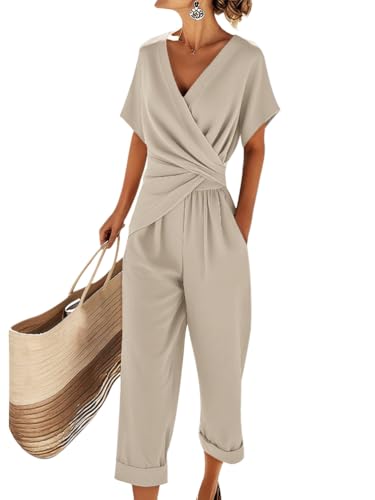 shownicer Ensemble Femme 2 Pièces Chic et Elegant Tenue Manches Courtes Top Et Pantalon Ensembles Ete Décontractée Tenue A Beige XL
