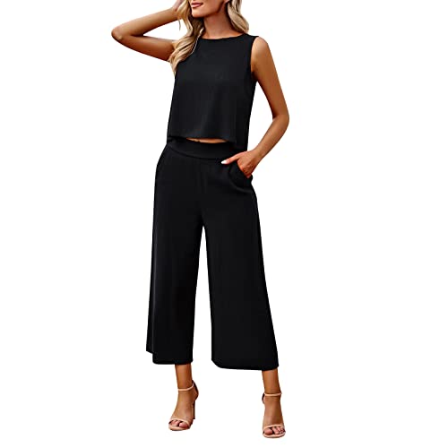 Co Ord - Conjuntos para mujer, algodón y lino, recortados, parte superior sin mangas, pantalones de pierna ancha, ropa de descanso a juego, conjuntos de 2 piezas para salir, vacaciones, playa