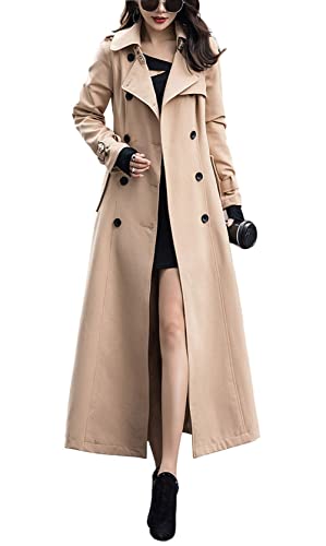 chouyatou Women's Fall Dressy Office Double Breasted Maxi Long Trench Coat Overcoat (X-Large, Khaki)