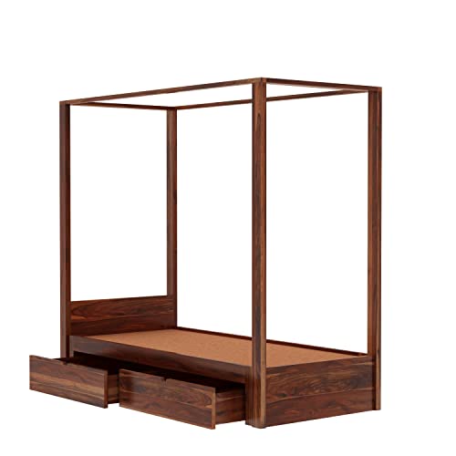 Image of Solid Sheesham Wood Single Size Poster Bed 2 Drawer Storage for Bed Room Living Room Home Wooden Double Bed Palang Solid Wood Bedroom Furniture for Hotel (Honey Finish)
