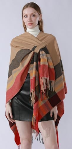 Knitted Pashmina Shawl Wrap for Women Cross Open Front Blanket Winter Warm Poncho Capes Cardigan Gradient Checkered Coat4