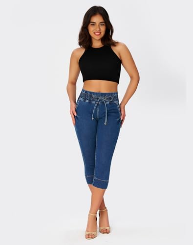 roswear Women's Capri Petite Jeans High Waisted Pull on Stretchy Denim Pants with Drawstring2