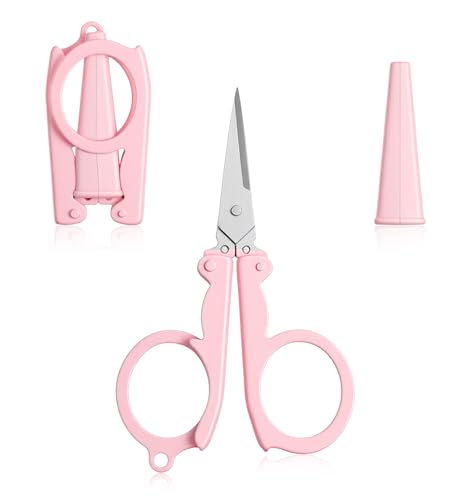 2Pcs Badge Reel Scissors Cute Pink Foldable Mini Badge Scissors for School Small Travel Portable with Safety Cap for Kids & Adult Scrapbooking Crafting Sewing Yarn Kawaii Design
