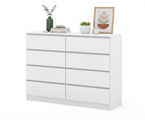 Homlando Maja S8 - Cómoda con 8 cajones, 140x40x104 cm – moderno aparador sin tiradores – cómoda estable para pasillo, dormitorio o armario de oficina (Blanco Mate)