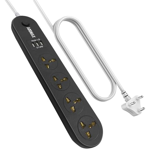 Image of ADDMAX Extension Board with USB - 4 Socket Power Strip, 3 USB Ports, 10 Meter Heavy-Duty Cord, 10A Surge Protector, Fireproof Multi Plug Extension for Home, Office, TV, Computer - Black