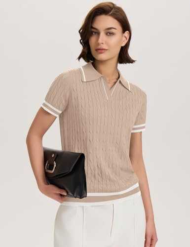 Image of Micoson Womens Short Sleeve Sweater Tops Lapel V Neck Polo Shirts 2026 Summer Cable Knit Loose Blouse Business Casual Outfits