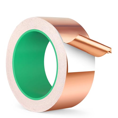 HOVIBU 20m x 50mm Cinta de Cobre Hoja, Cinta Adhesiva Conductora de Doble Cara, Cinta Kapton emi, Cinta de Apantallamiento, Cinta de Caracol, para Guitarra, Blindar de emi, Puesta a Tierra y Soldar