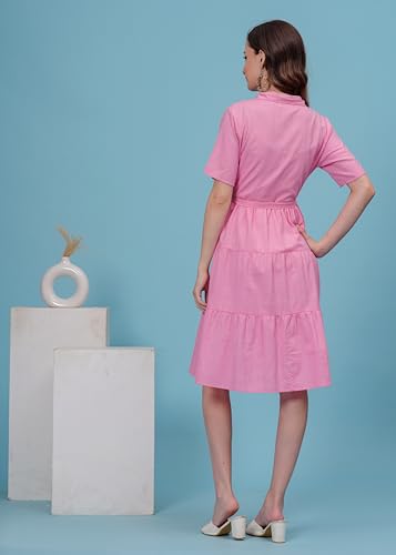 Image of Collar Neck Short Sleeve Stylish Midi Dress for Women | |Western Dresses (Pink)