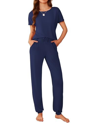 Image of Ekouaer Womens Pajama Sets Short Sleeve Lounge Sets for Women Printed Jogger Pajama Set 2 Piece Pj Sets With Pockets S-XXL