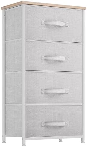 YITAHOME Dresser Tower with 4 Drawers - Vertical Furniture Storage Tower for Bedroom, Bathroom, Laundry, Closets, and More - Sturdy Steel Frame, Wood Top, Easy Pull Fabric Bins - Light Gray