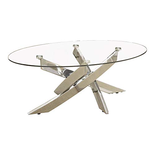 Benjara Oval Shape Glass Top Coffee Table with Criss Cross Base, Silve Benjara Oval Shape Glass Top Coffee Table with Criss Cross Base, Silve