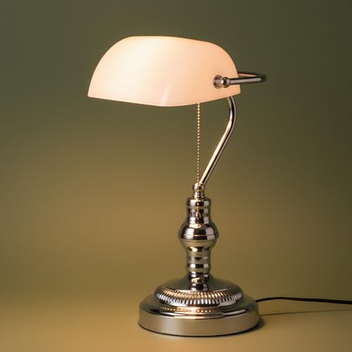BARCELONA LED Lampe de bureau style banquier vintage. Abat-jour en verre blanc, corps chromé, bras orientable. Interrupteur à chaîne, douille E27. Design rétro pour...