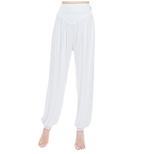 MESHIKAIER Super Doux Sarouel Femme en Modal - Pantalon Yoga Harem Bouffant pour Sport Jogging Danse - Élastique et Extensible (Taille M, Blanc)