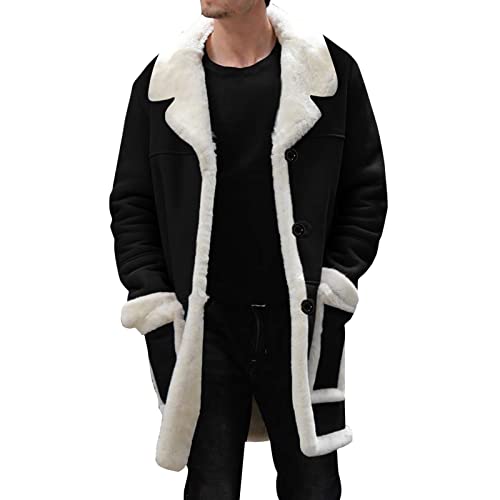 Manteau vintage épais style peau de mouton et cuir noir de qualité supérieure