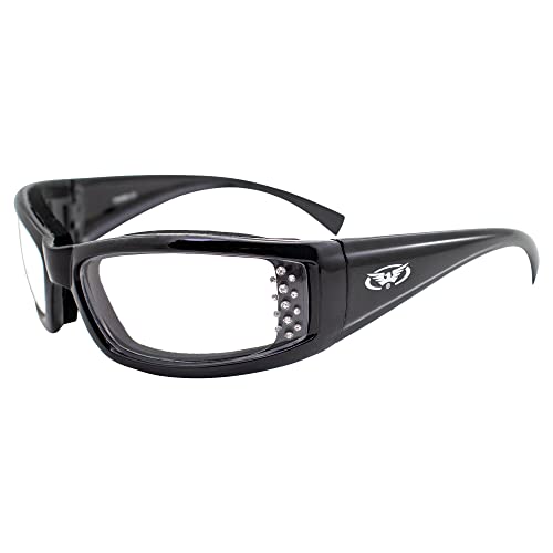 Global Vision Allie Cat Foam Padded Motorcycle Glasses for Women Fashionable Black Frame w/ 26 Rhinestones, Double-Sided Anti-Fog Coating & Clear Lens