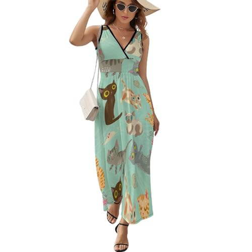 Robe longue d'été sans manches à motif chat pour vos journées décontractées à la plage