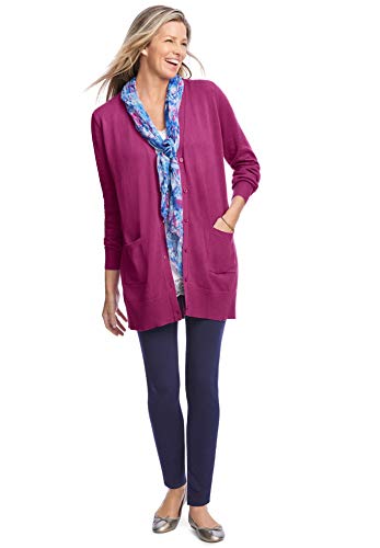 Woman Within Women's Plus Size Longer-Length Cotton Cardigan Sweater - 1X, Medium Heather Grey Gray #TOP5