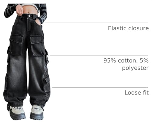 Image of Rolanko Girls Cargo Pants Baggy Y2K Cargo Trousers Jeans Wide Leg Pants with Multi Pockets 4-15 Years