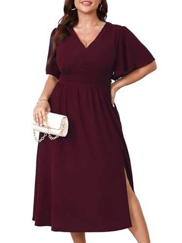 Plus Size Womens Dresses Wedding Guest Elegant V Neck Short Sleeve Flowy A-Line Split Cocktail Evening Maxi Dress