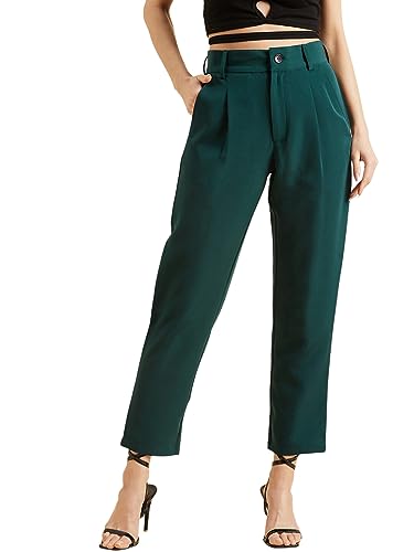 Image of PANIT Women Green Relaxed Straight Fit High-Rise Wrinkle Free Pleated Trousers