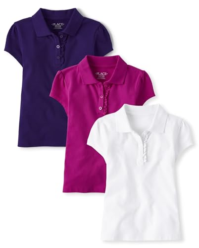 The Children's Place,Girls,Multipack Short Sleeve Ruffle Pique Polos,Aurora Pink/Regal Violet/White 3-Pack,X-Large