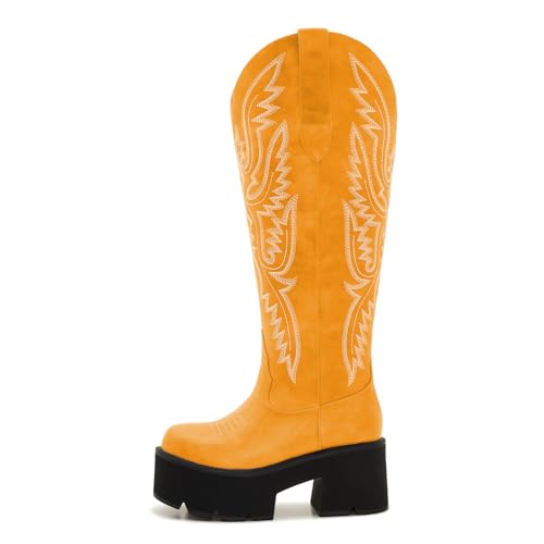 Image of Uillnoodu Wide Calf Cowboy Boots Women Adjustable Lace Up Knee High Tall Plus Size Cowgirl Boots Western Style Comfortable 2-Inch Heel