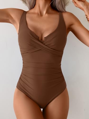 Image of B2prity Women's Underwire One Piece Swimsuit Tummy Control Ruched Bathing Suit Criss Cross V Neck Swimwear