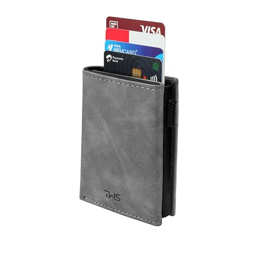 Image of The Wallet Store SlideX Neo RFID-Protected Pop-Up Card Holder Wallet for Men | Minimalist Leather Smart Wallet with Quick Access Ejector | Compact Dual-Color Card Case | Holds 6-10 Cards (Grey)
