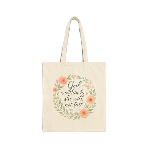 Christian Tote Bag – God Is Within Her Psalm 46:5 – Floral Bible Verse Canvas Bag for Women – Inspirational Faith Gift