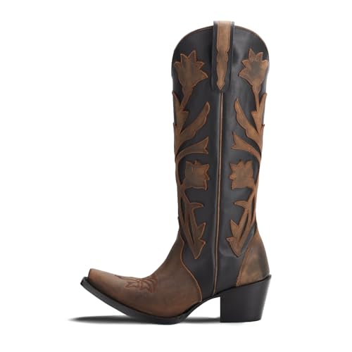 sexytag Floral Cowboy Boots for Women Two-tone Embroidered Cowgirl Knee High Western Boots