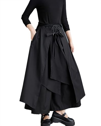ellazhu Women's Skirt Pants Solid Elastic Waist Two Side Pockets Asymmetrical Hem Casual Baggy Loose GZ430 A