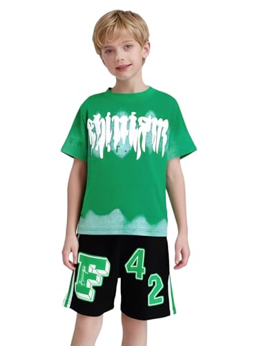 easyforever Kids Boys Sports Set Quick-dry T-shirt And Mesh Shorts With Letter Print For Football Basketball Training Green 13-14 Years3