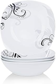 VEWEET 'Zoey' 4-Piece Cereal Bowls 9" Ivory White Porcelain Black Decals Round Fruit & Salad Bowl for Salad/Side Dishes/Soup/Dessert,4 * 1050 ml