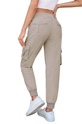 Damen Cargo Jogginghose Multifunktions Outdoor Wanderhose Lang Leichte High Waist Stretch Sport Trekkinghose Multi Taschen (B Khaki, L)