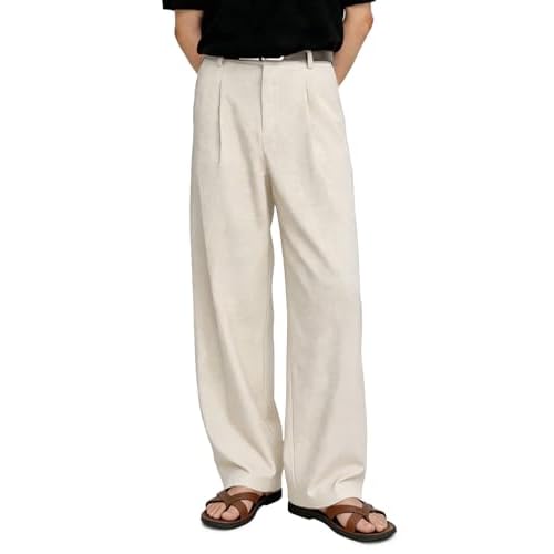 Heyfanee Khaki Linen Pants Men Casual Loose Fit Baggy Beach Linen Pants Pleated 32