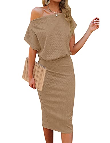 MEROKEETY Women’s Casual Off The Shoulder Midi Dress Short Sleeve Sexy Slim Ribbed Dress, Khaki, M