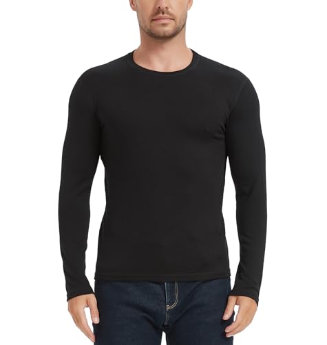 Manote 100% Merino Wool Men's Mid Weight Long Sleeve Thermal Shirt, Crew Neck Undershirt, No-Odor Base Layer (AU, Alpha, XX-Large, Regular, Regular, Black)