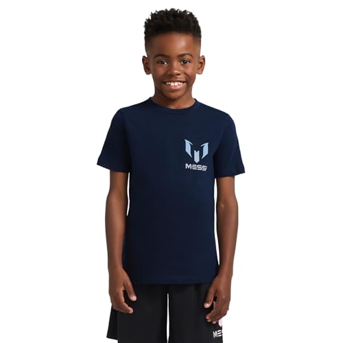Messi Boys' Lifestyle Short Sleeve T-Shirt, Slim-fit Graphic Tee, Cotton Blend Fabric, Messi Logo CORE Graphic TEE - Dress Blue, 10-12