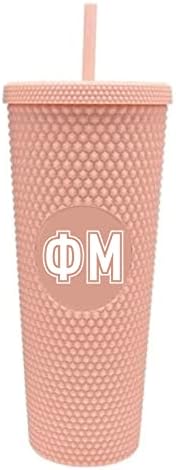 Sorority Shop Phi Mu Studded Tumbler with Straw - 24 Oz Tumbler with Lid and Straw, Matte Coral, Reusable Plastic Cup with Screen Printed Greek Letters for Water, Ice Coffee or Any Drink