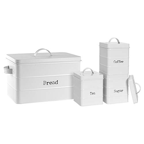 Harbour Housewares 4 Piece Vintage Tea Coffee Sugar and Bread Storage Canisters - Metal Square Jar Airtight Seal - Matte White