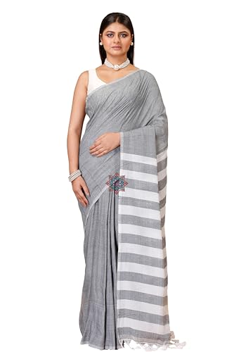 Image of OISHANI SAREE GHOR Women's Bengal Premium Cotton Saree with Blouse Piece | Traditional White Striped Pallu Pattern | Soft Lightweight Ethnic Saree for Daily Ware