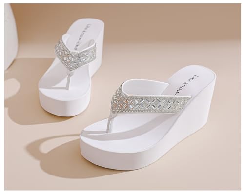 Image of Rhinestone Wedge Sandals for Women Platform Flip Flops Wedge flip flops Wedding shoes Wedge Heels for Women Dressy