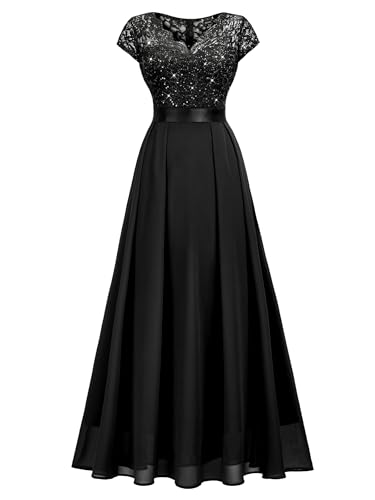 Image of Miusol Women's V-Neck Sequined Floral Lace Formal Evening Maxi Dress