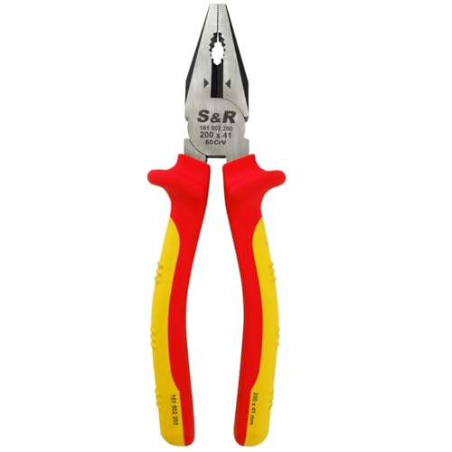 S&R Pinza da Elettricista Universale 200 mm VDE 1000V – Acciaio Cr-V Forgiato | Pinza Combinata Professionale per Fili Medi Ø3,6 mm e Rigidi Ø2,4 mm | Impugnatura Ergonomica Antiscivolo