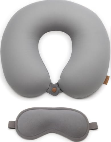 Image of Microfiber Travel Pillow with Eye Mask - Soft Neck Support Pillow for Airplane, Car, Train & Office - Compact & Lightweight Travel Essentials Set for Men & Women,Grey