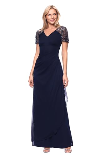 Image of Xscape Floor Length Jersey Knit Evening Gown with V-Neckline, Beaded Flutter Sleeves and Ruched Draping