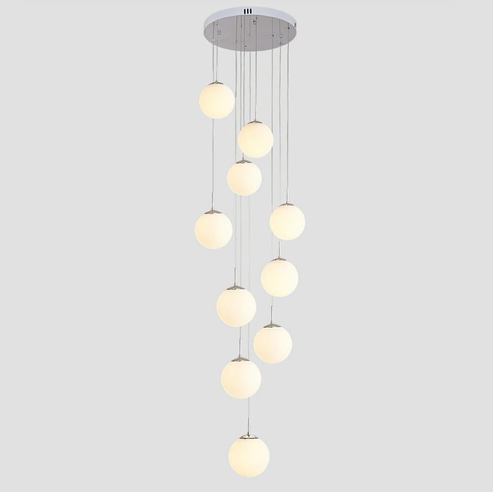 HYJAUSXB Mid Century Modern 10 Ball White Milk Glass Chandelier for High Ceilings Foyer Staircase Hanging Lamp Pendant Light Fixture