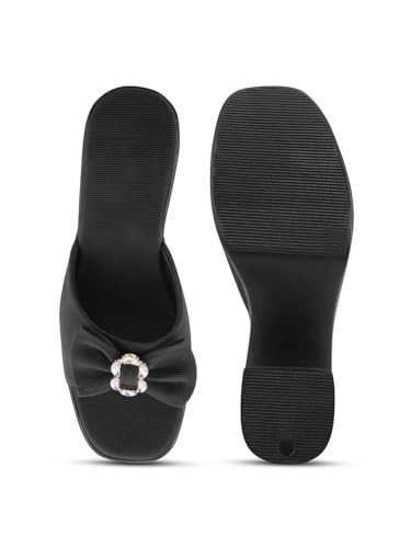 Image of TRYME Women's Comfortable Stylish Bow Detail with Crystal Stone Textured Block Heel Sandals
