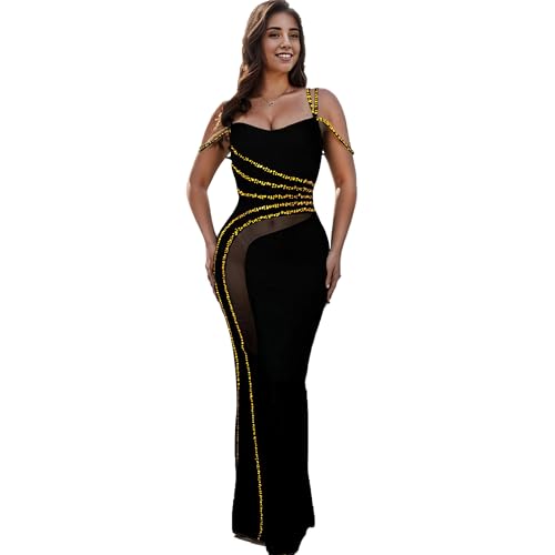 Image of Nagfar Women's Sexy Rhinestone Dresses Spaghetti Strap Halter Mesh Long Dress Birthday Party Club Night Outfit(S7027-Gold-S)