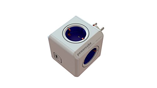 allocacoc PowerCube Original USB - Ladrón multiple con 4 enchufes 230 V y un puerto USB, en forma de cubo, (color blanco y azul)